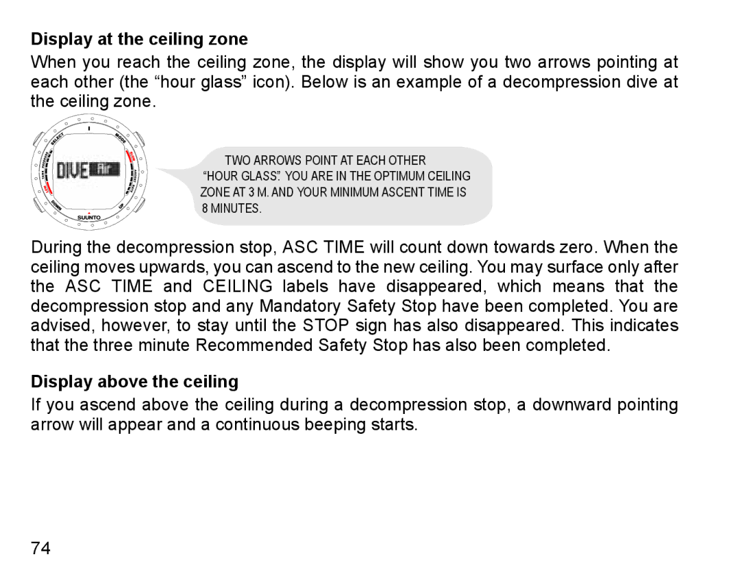 Suunto D9 manual Display at the ceiling zone, Display above the ceiling 