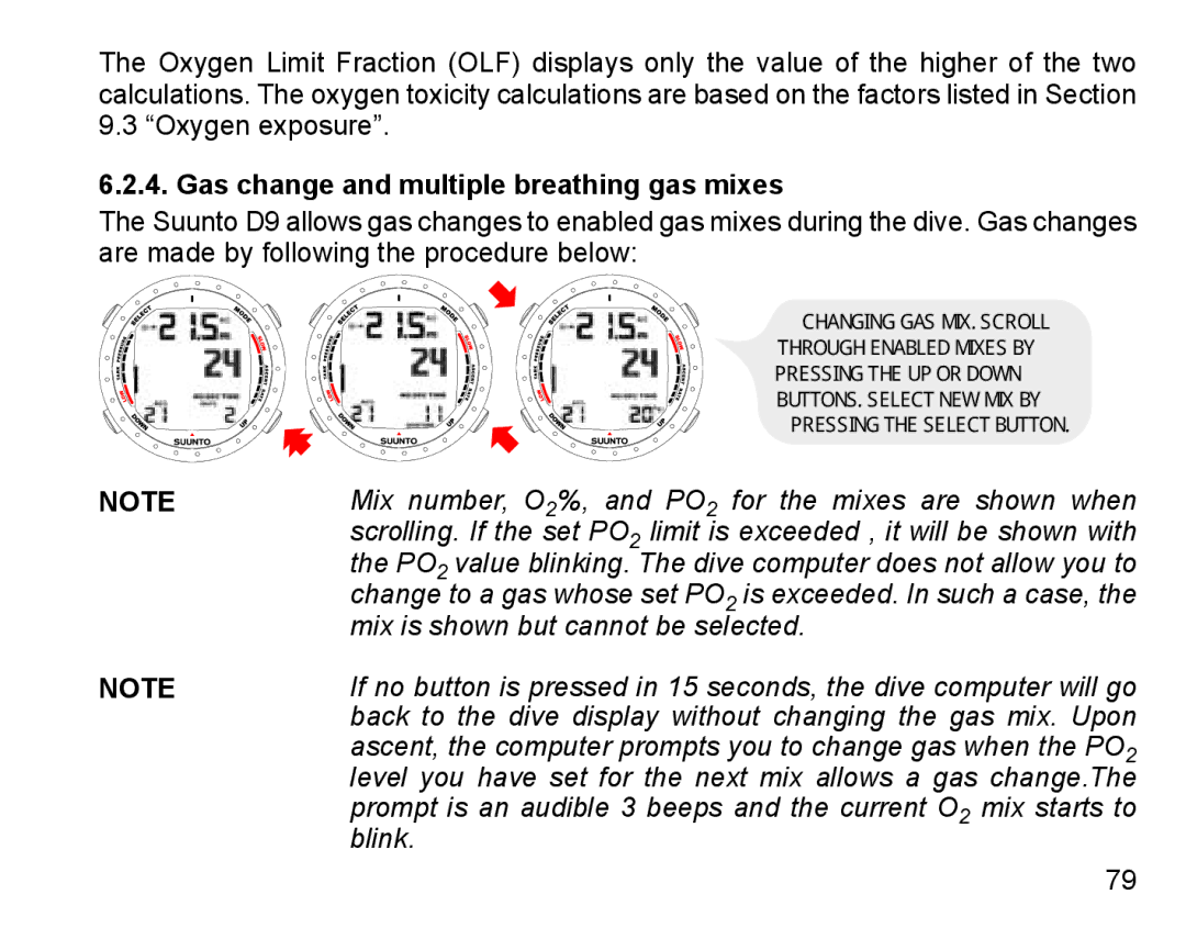 Suunto D9 manual Gas change and multiple breathing gas mixes 