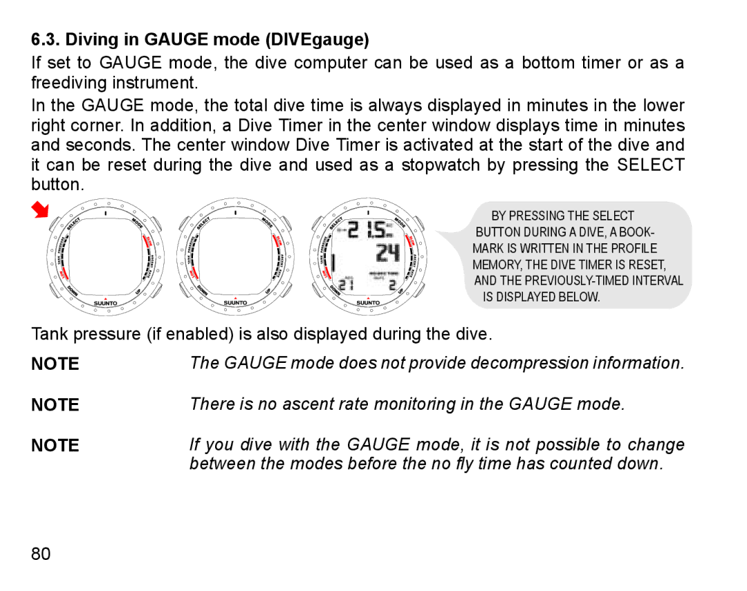 Suunto D9 manual Diving in Gauge mode DIVEgauge 