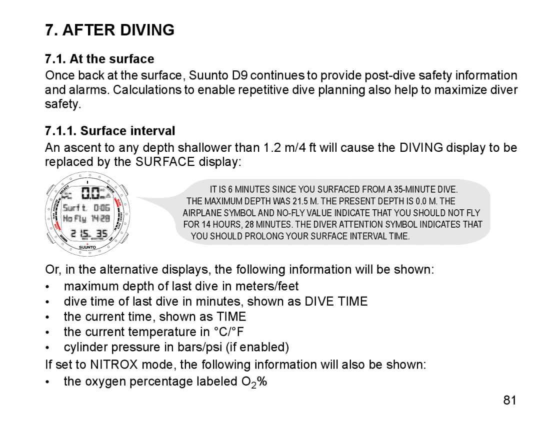 Suunto D9 manual After Diving, At the surface, Surface interval 