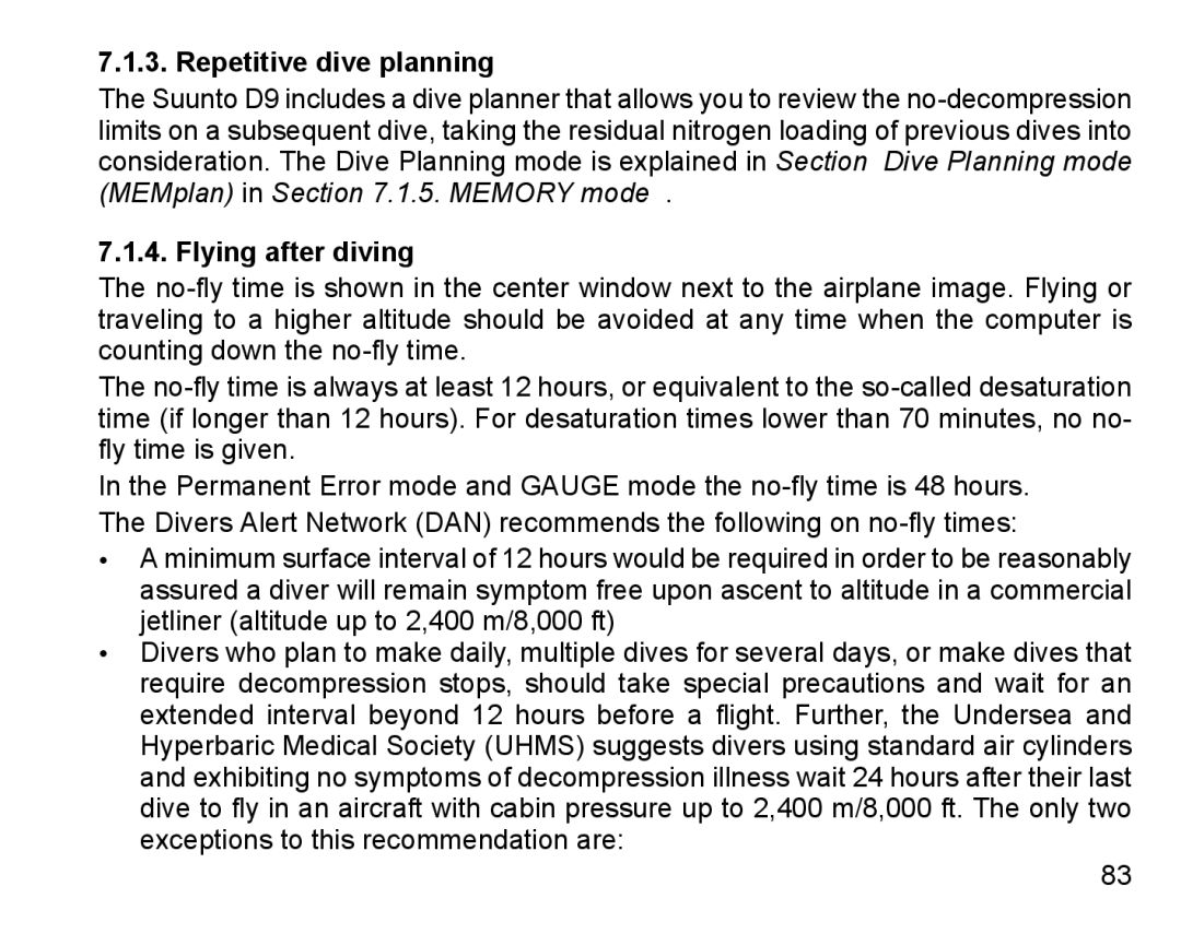 Suunto D9 manual Repetitive dive planning, Flying after diving 