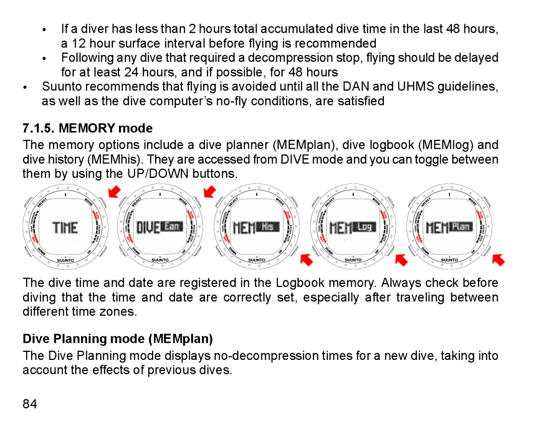 Suunto D9 manual Memory mode, Dive Planning mode MEMplan 