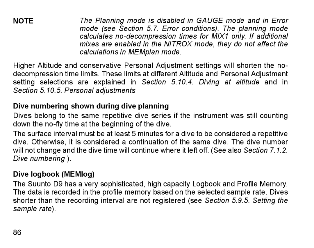 Suunto D9 manual Dive numbering shown during dive planning, Dive logbook MEMlog 
