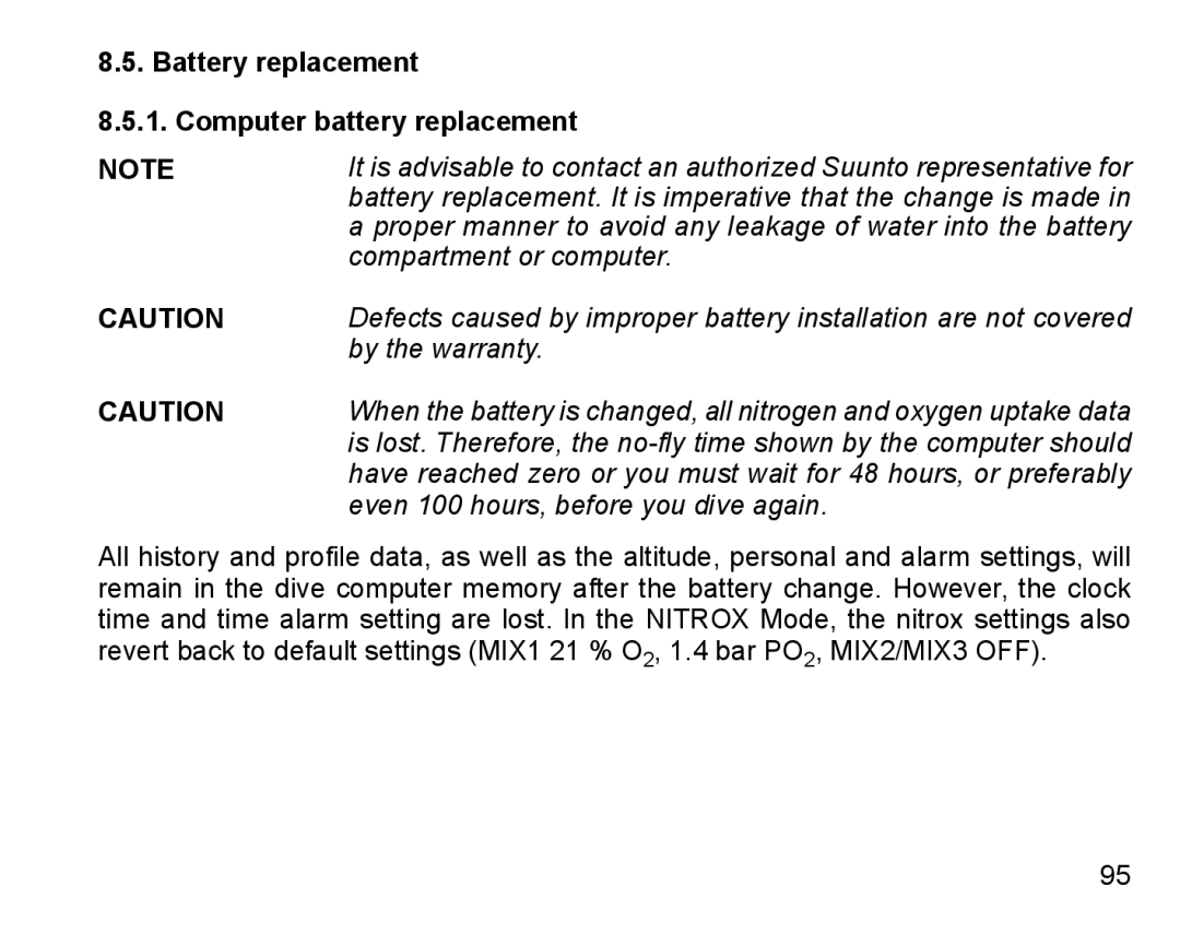 Suunto D9 manual Battery replacement Computer battery replacement, By the warranty 