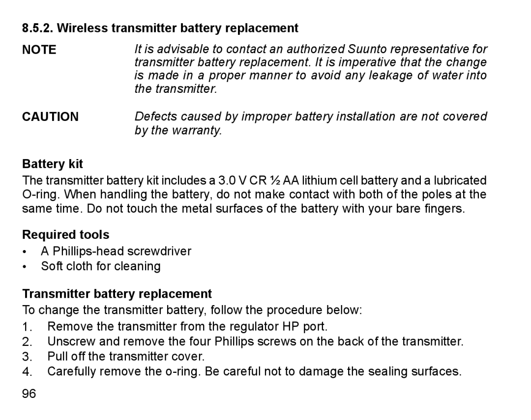 Suunto D9 manual Wireless transmitter battery replacement, Battery kit, Required tools, Transmitter battery replacement 