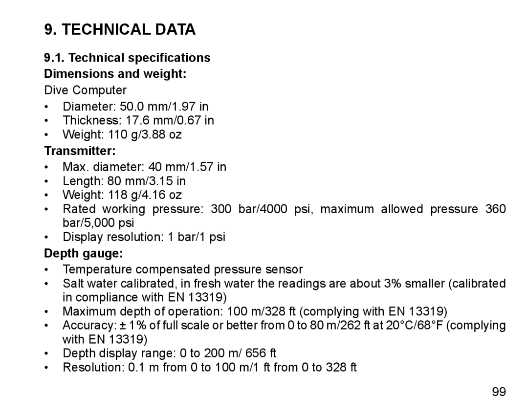 Suunto D9 manual Technical Data, Transmitter, Depth gauge 