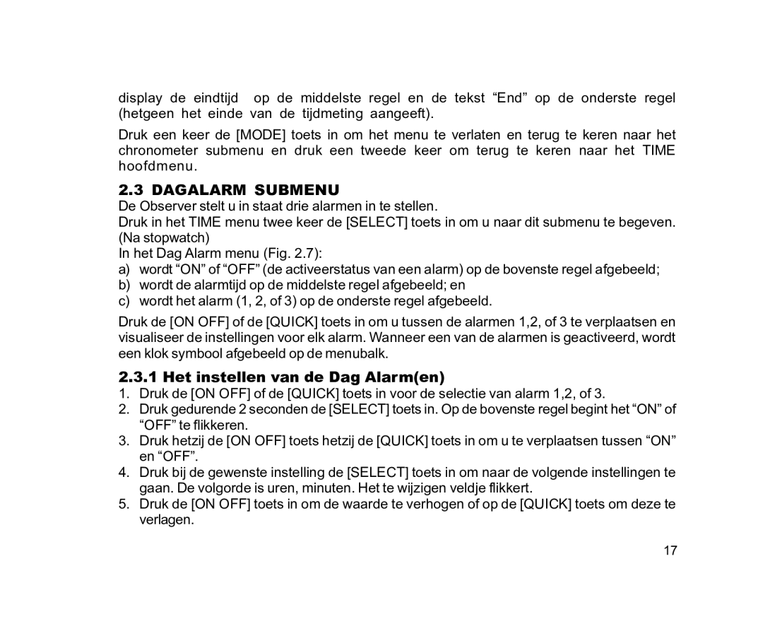 Suunto EN | FR | DE | ES | IT | NL | FI | SV manual Dagalarm Submenu, Het instellen van de Dag Alarmen 