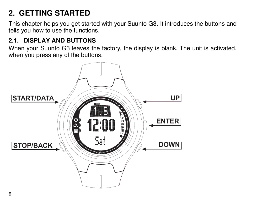 Suunto G3 manual Getting Started, Display and Buttons 