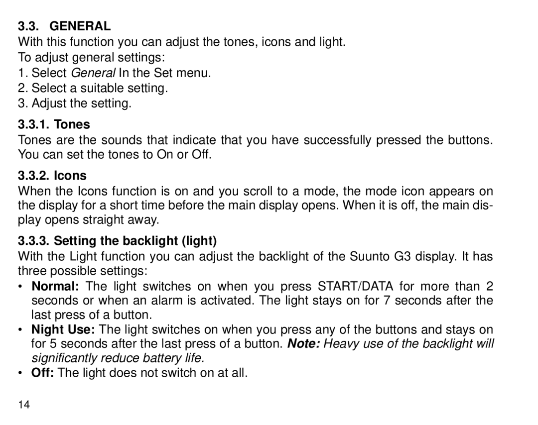 Suunto G3 manual General, Tones, Icons, Setting the backlight light 