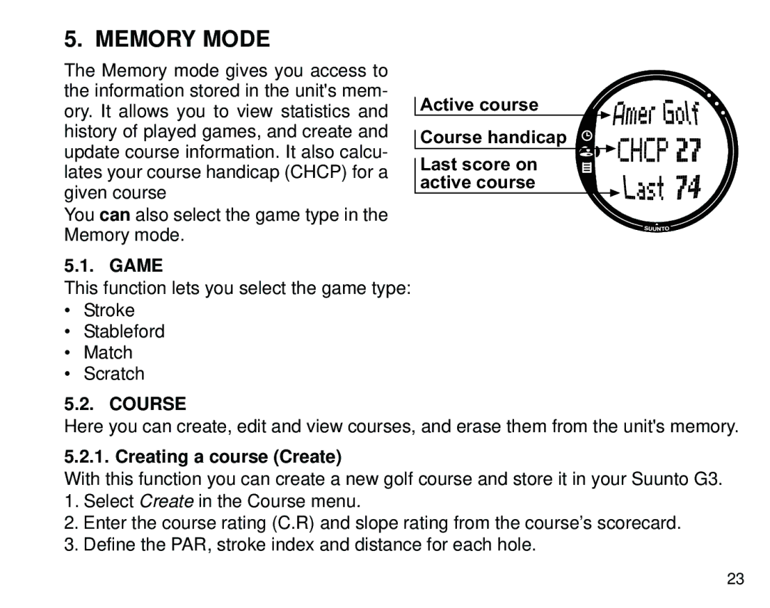 Suunto G3 manual Memory Mode, Game, Course, Creating a course Create 