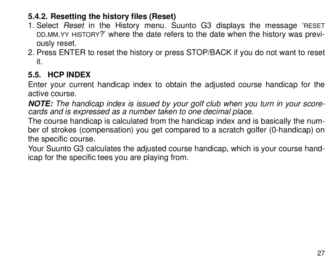 Suunto G3 manual Resetting the history files Reset, HCP Index 