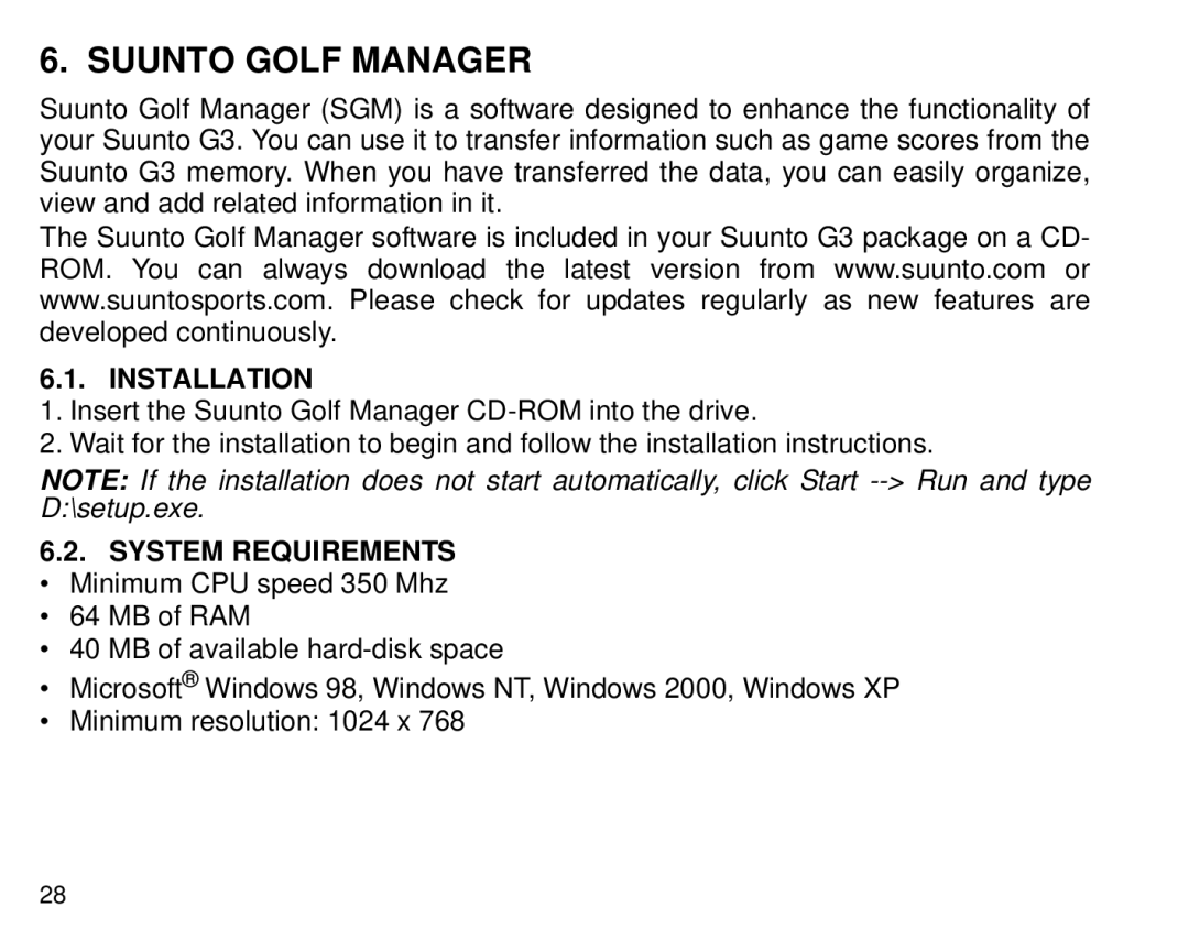 Suunto G3 manual Suunto Golf Manager, Installation, System Requirements 