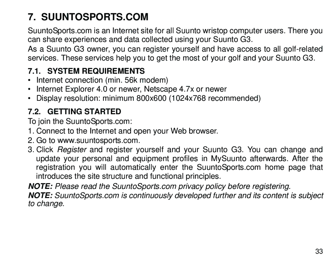 Suunto G3 manual Suuntosports.Com, Getting Started To join the SuuntoSports.com 