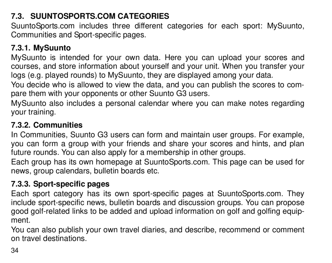 Suunto G3 manual MySuunto, Communities, Sport-specific pages 