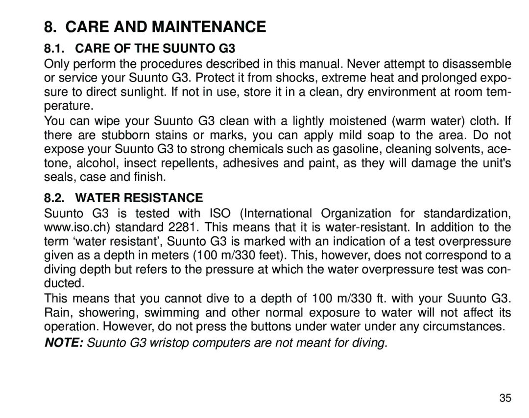 Suunto manual Care and Maintenance, Care of the Suunto G3, Water Resistance 