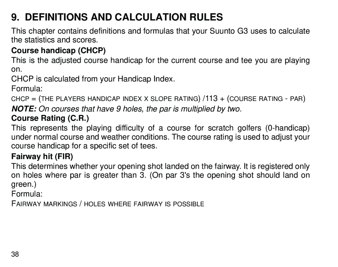 Suunto G3 manual Definitions and Calculation Rules, Course handicap Chcp, Course Rating C.R, Fairway hit FIR 