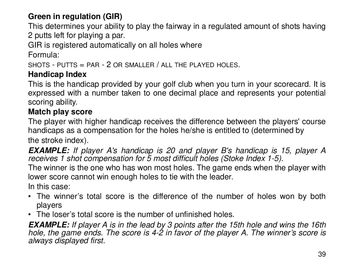 Suunto G3 manual Green in regulation GIR, Handicap Index, Match play score 