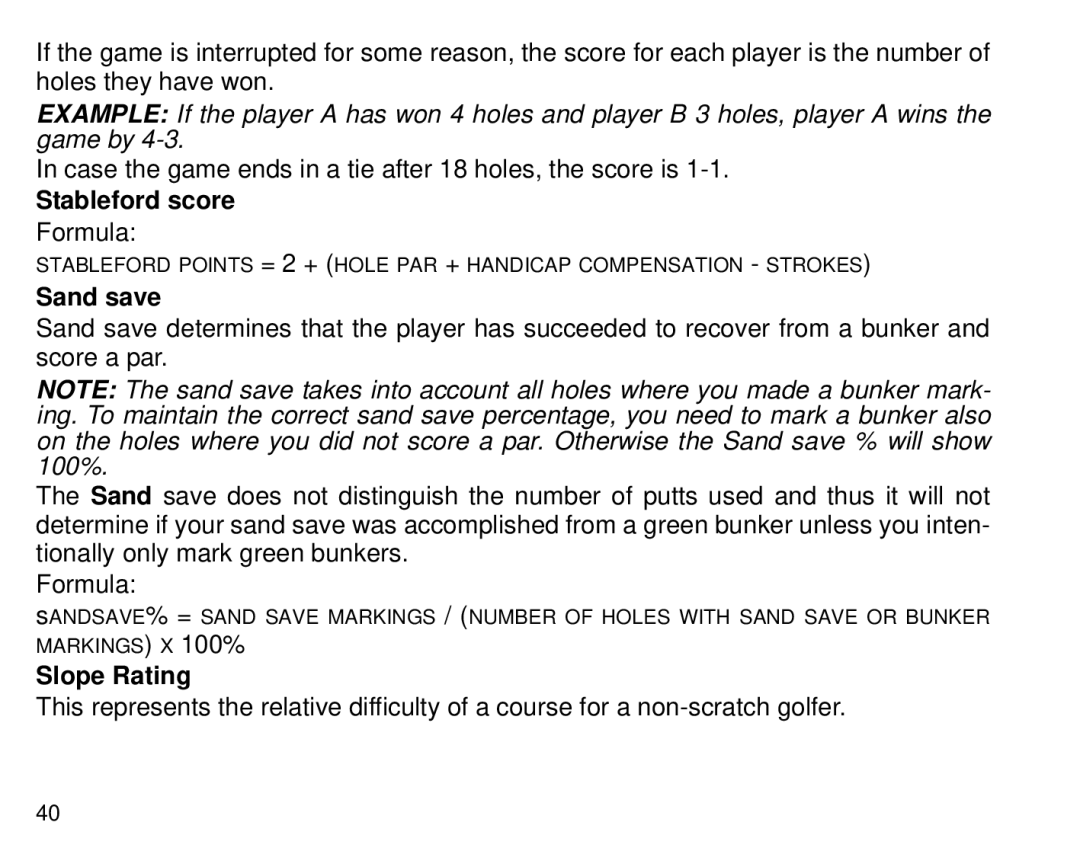 Suunto G3 manual Stableford score, Sand save, Slope Rating 