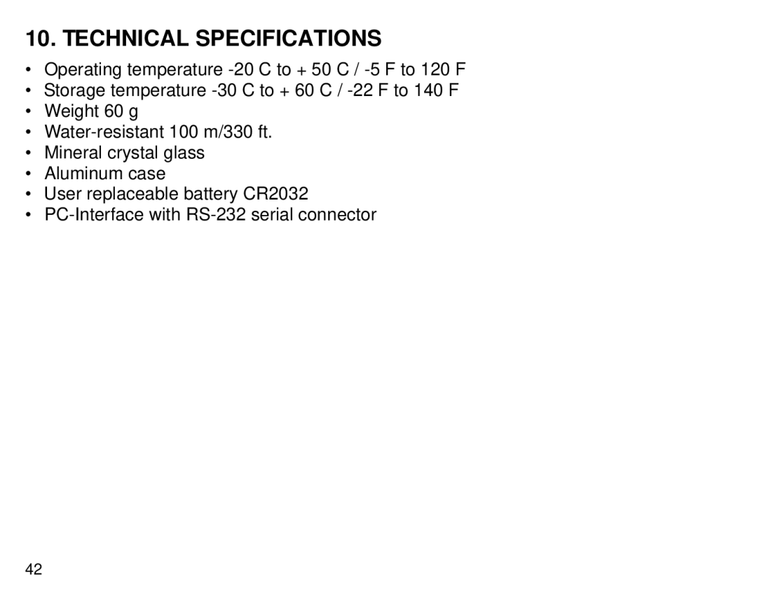 Suunto G3 manual Technical Specifications 