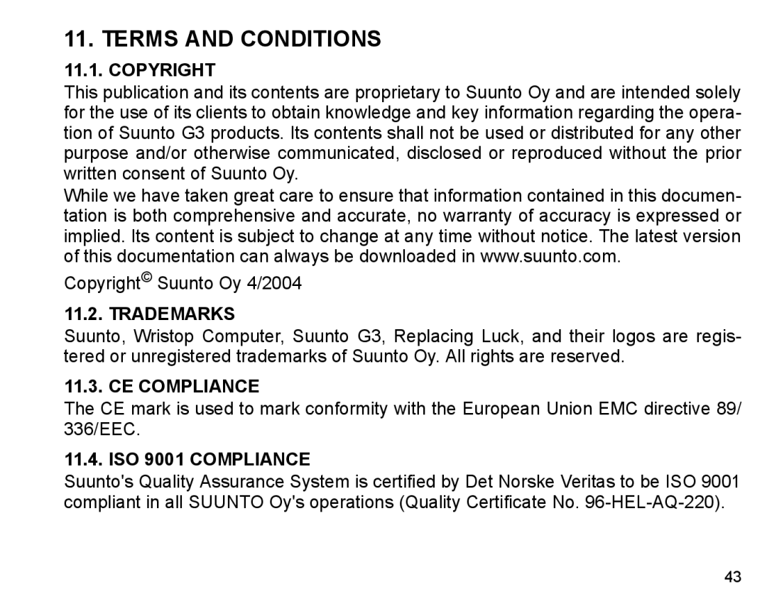 Suunto G3 manual Terms and Conditions 