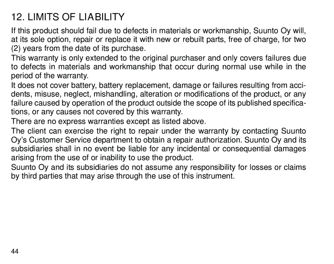 Suunto G3 manual Limits of Liability 