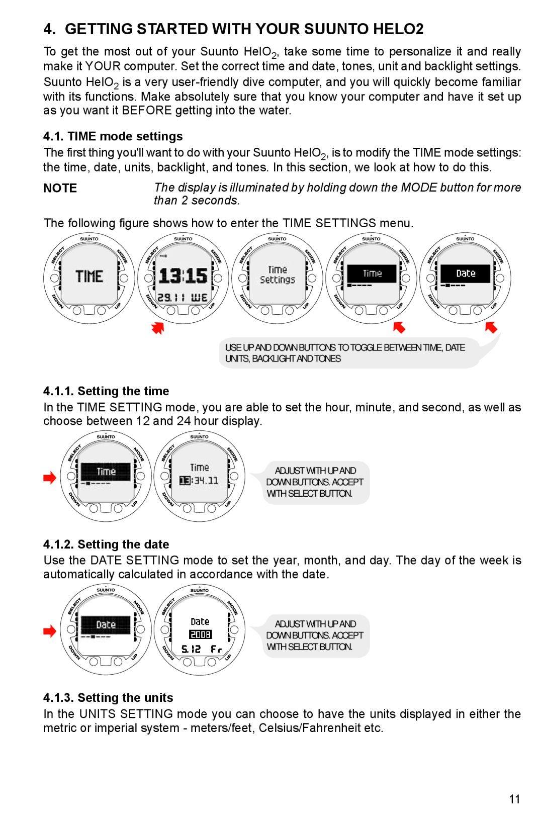 Suunto manual Getting Started with Your Suunto HELO2, Time mode settings, Setting the time, Setting the date 