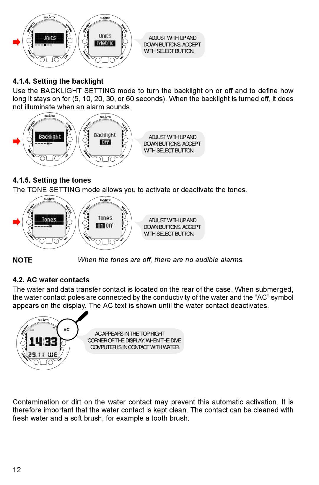 Suunto HELO2 manual Setting the backlight, Setting the tones, AC water contacts 