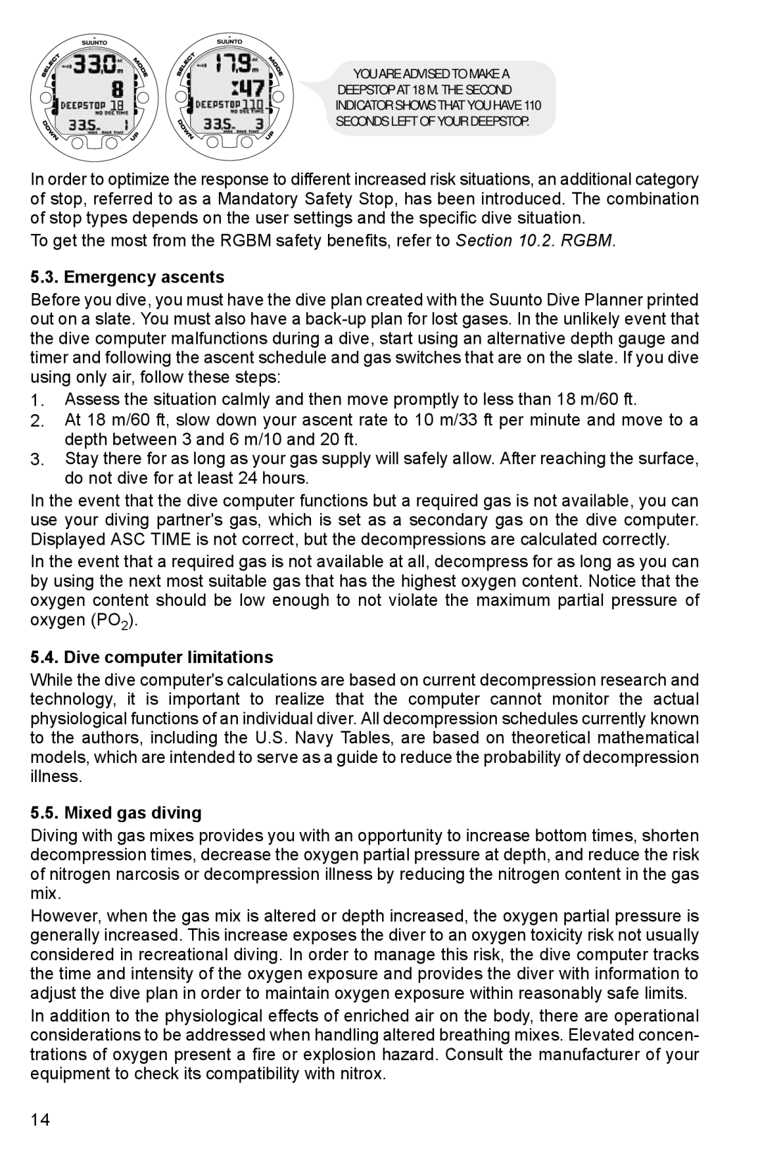 Suunto HELO2 manual Emergency ascents, Dive computer limitations, Mixed gas diving 