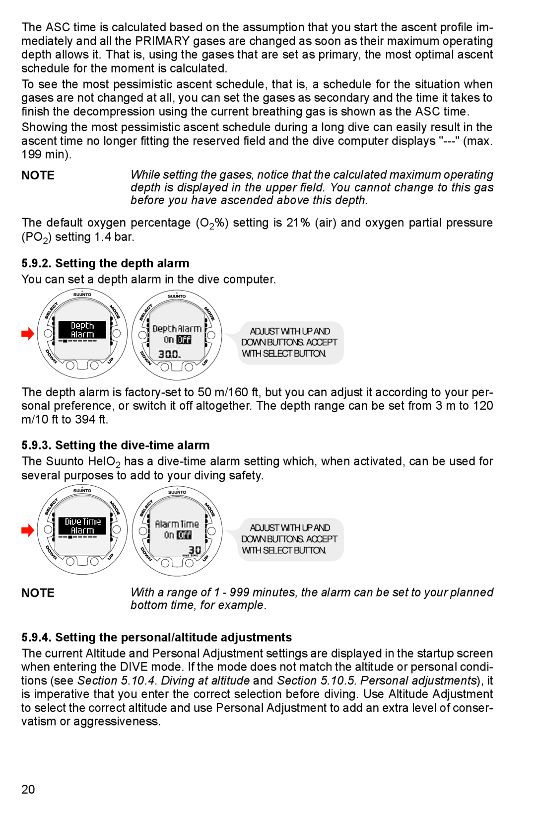 Suunto HELO2 manual Before you have ascended above this depth, Setting the depth alarm, Setting the dive-time alarm 