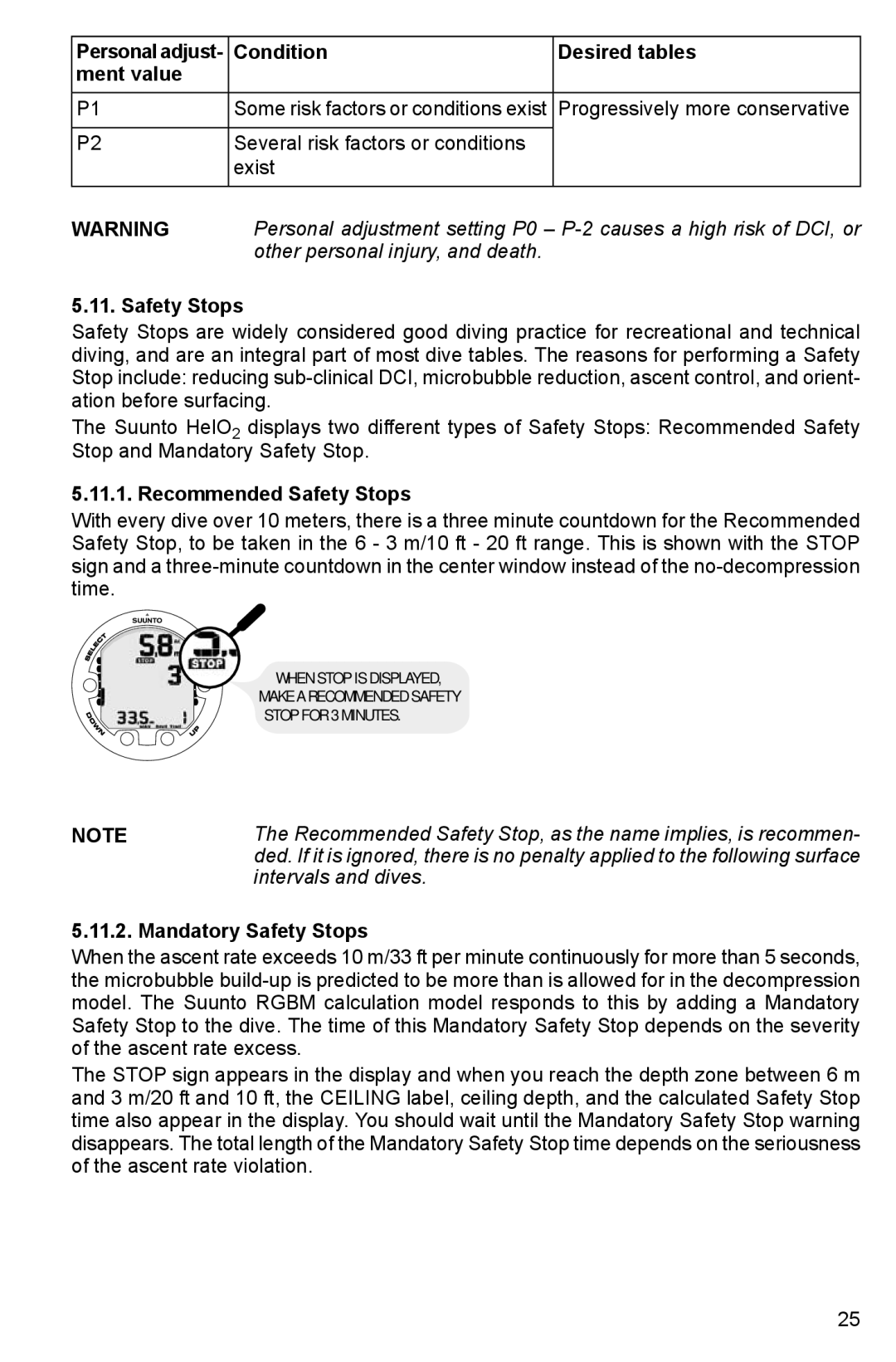 Suunto HELO2 Other personal injury, and death, Recommended Safety Stops, Intervals and dives, Mandatory Safety Stops 