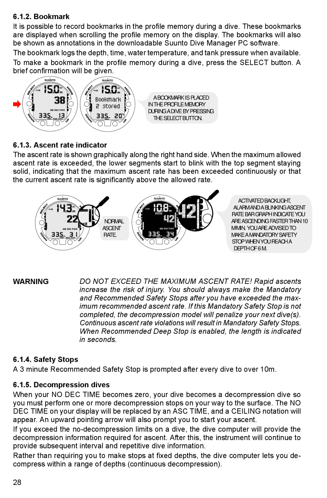 Suunto HELO2 manual Bookmark, Ascent rate indicator, Decompression dives 