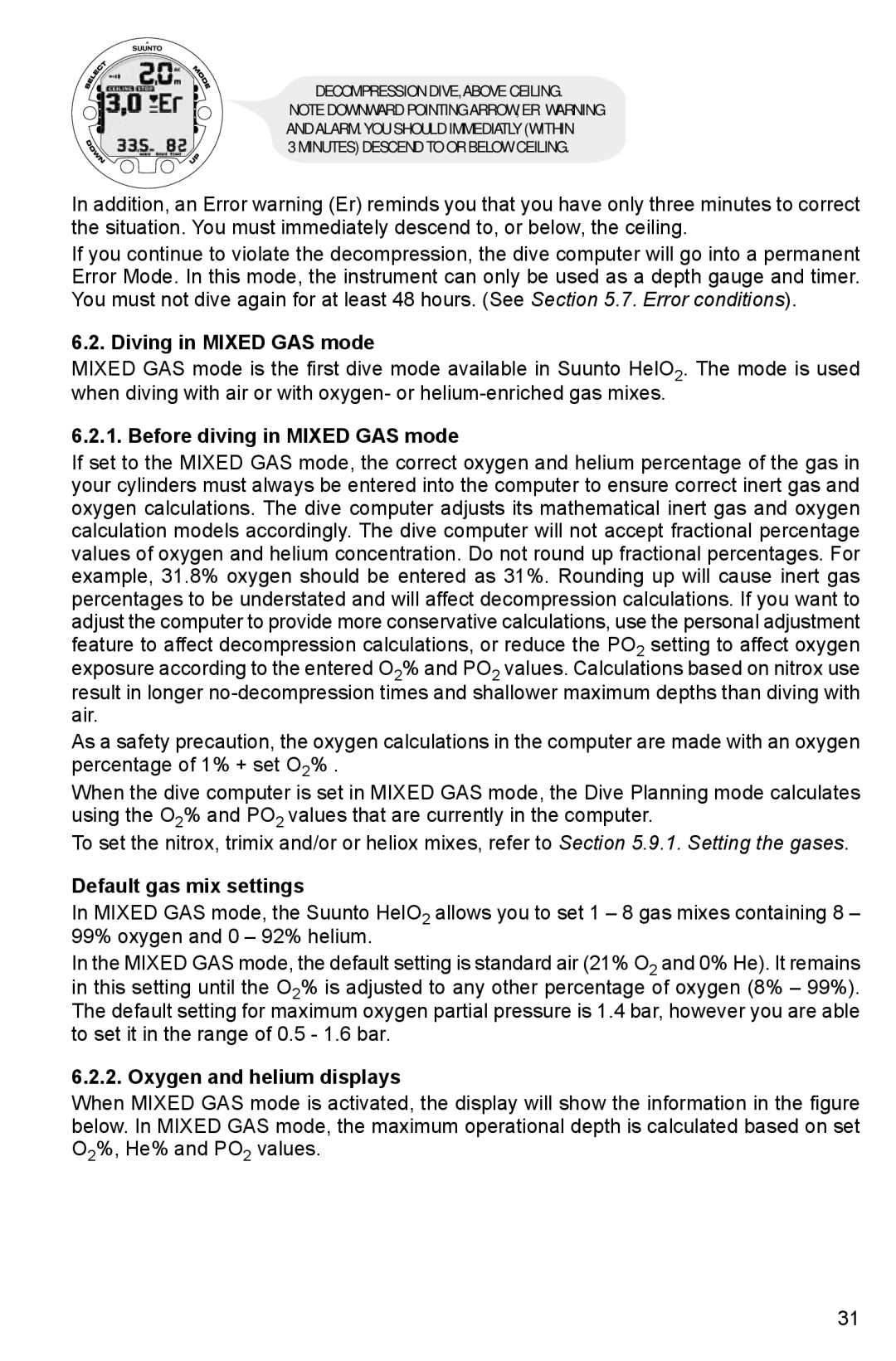 Suunto HELO2 manual Diving in Mixed GAS mode, Before diving in Mixed GAS mode, Default gas mix settings 