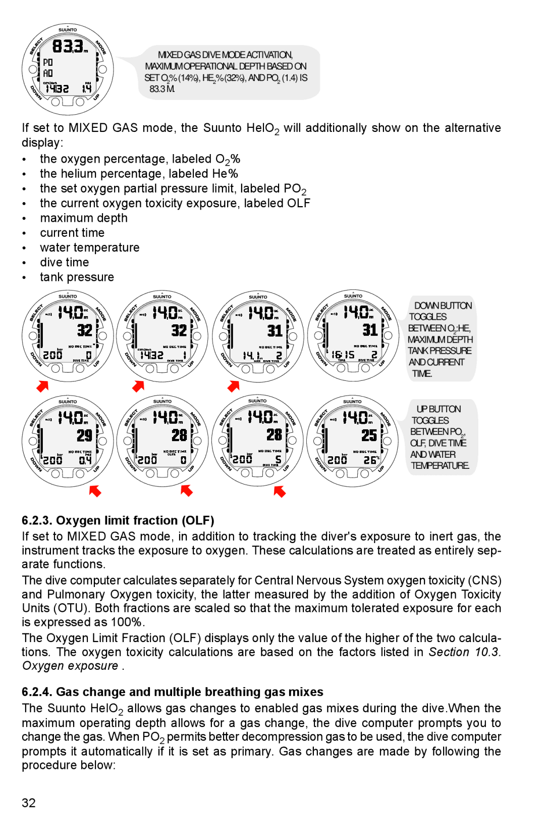 Suunto HELO2 manual Oxygen limit fraction OLF, Gas change and multiple breathing gas mixes 