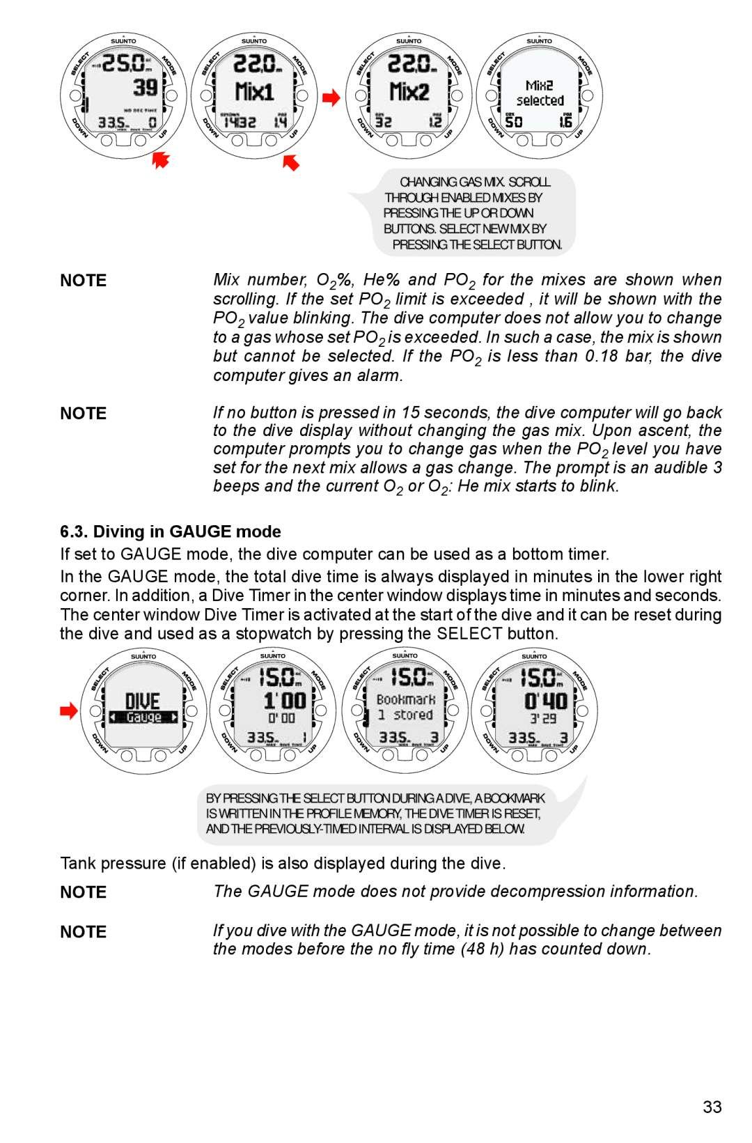 Suunto HELO2 manual Diving in Gauge mode 