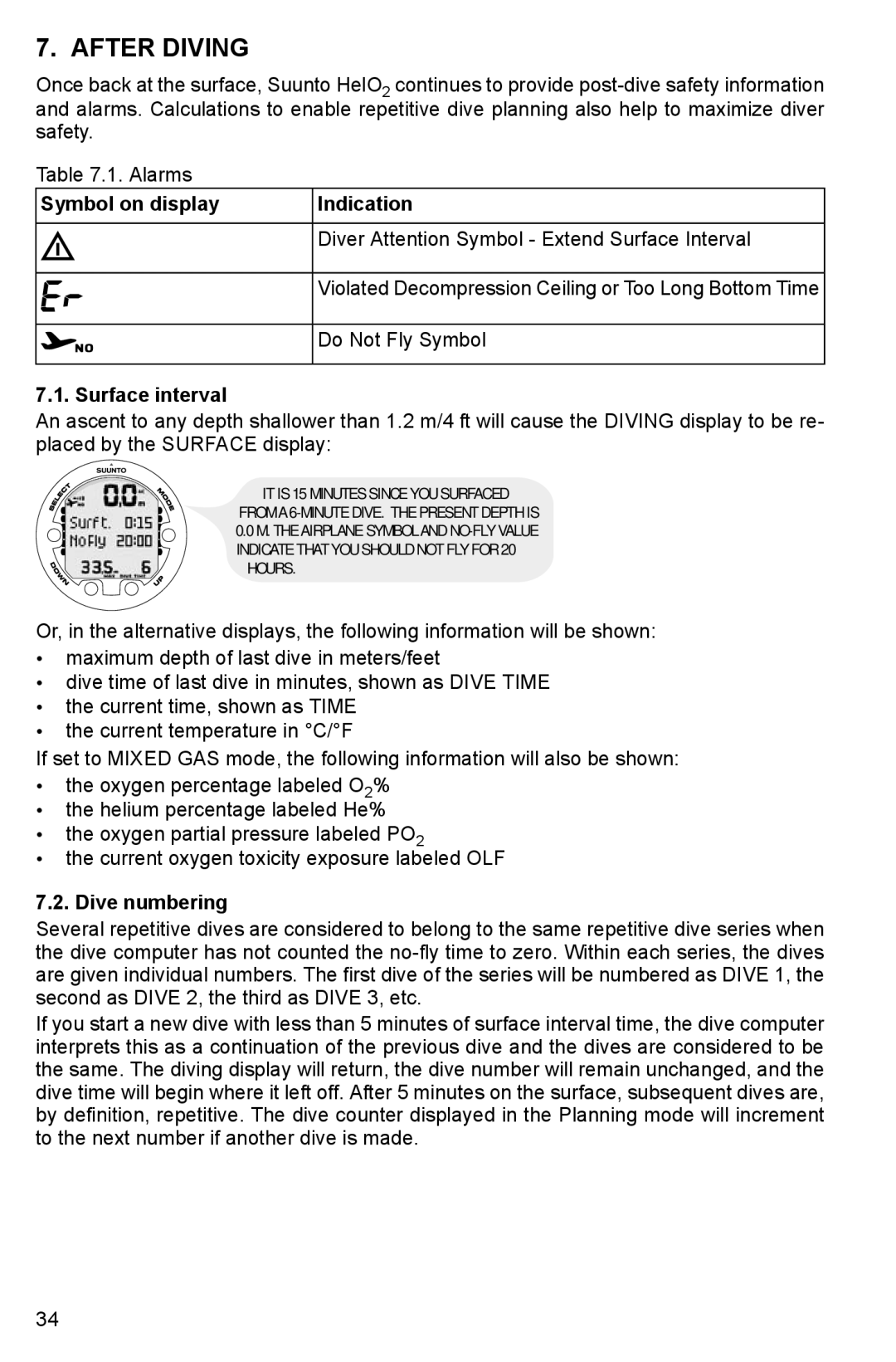 Suunto HELO2 manual After Diving, Alarms Symbol on display, Surface interval, Dive numbering 