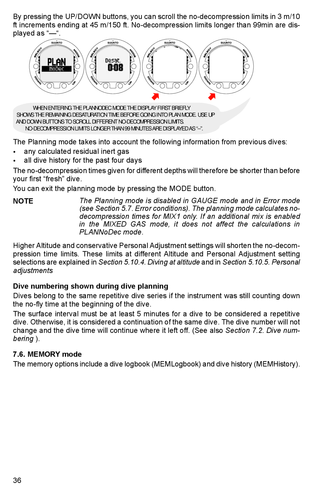 Suunto HELO2 manual Mixed GAS mode, it does not affect the calculations, PLANNoDec mode, Memory mode 