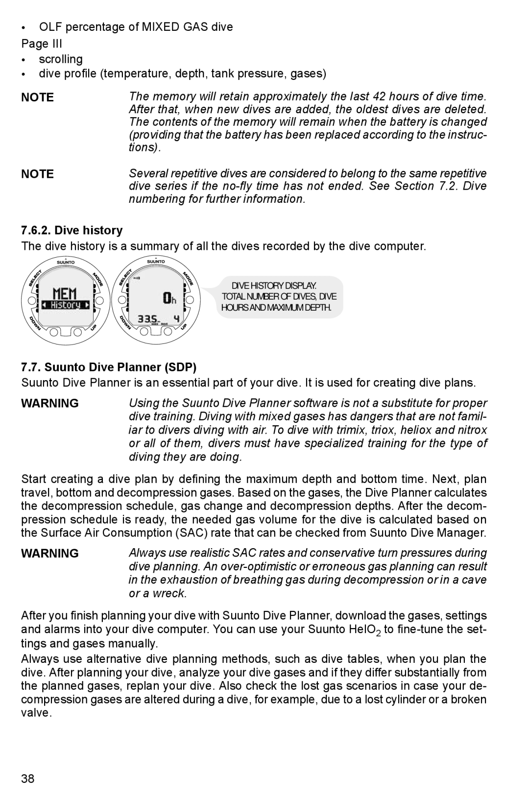 Suunto HELO2 manual Dive history, Suunto Dive Planner SDP 