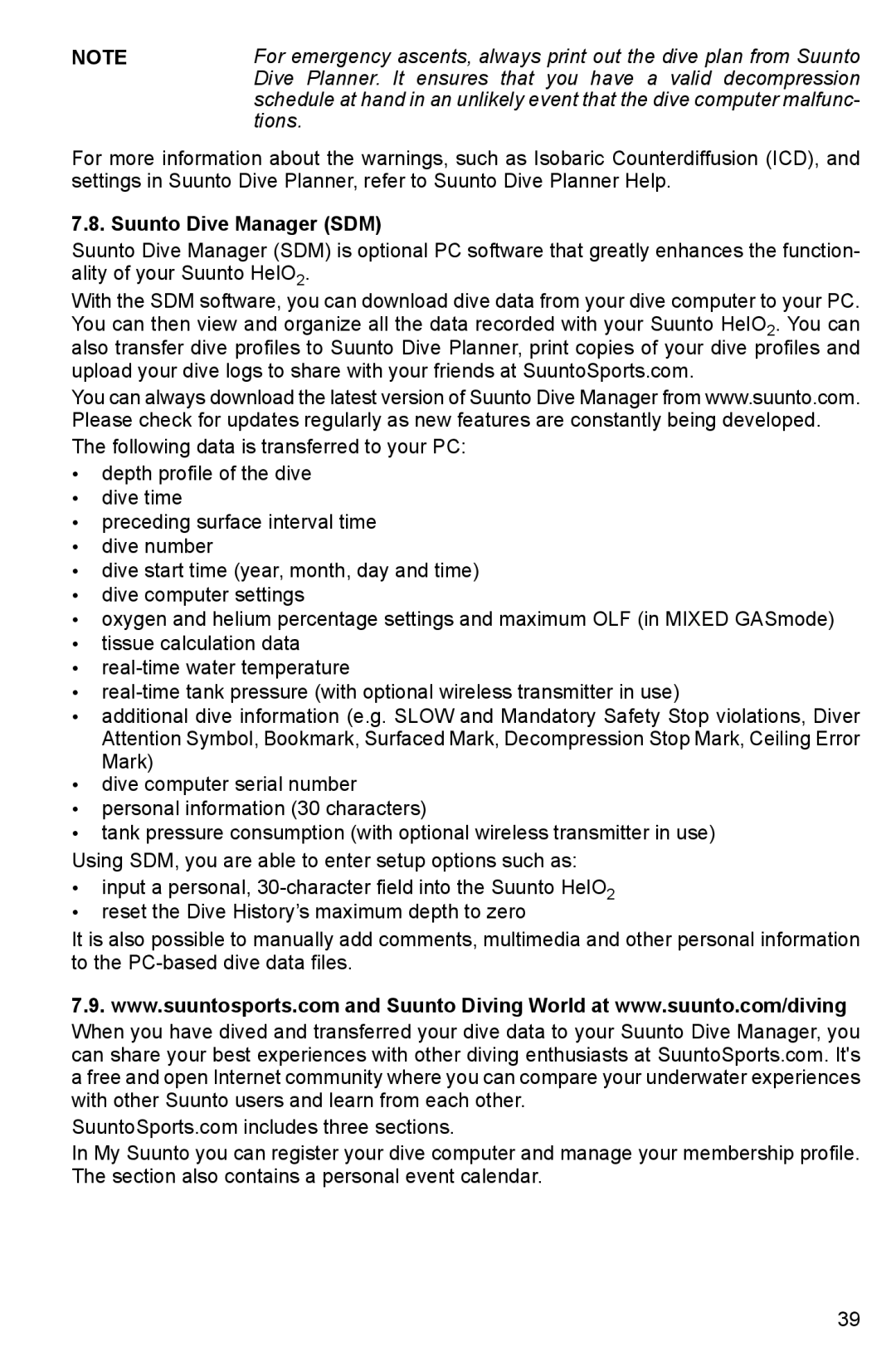 Suunto HELO2 manual Dive Planner. It ensures that you have a valid decompression, Suunto Dive Manager SDM 