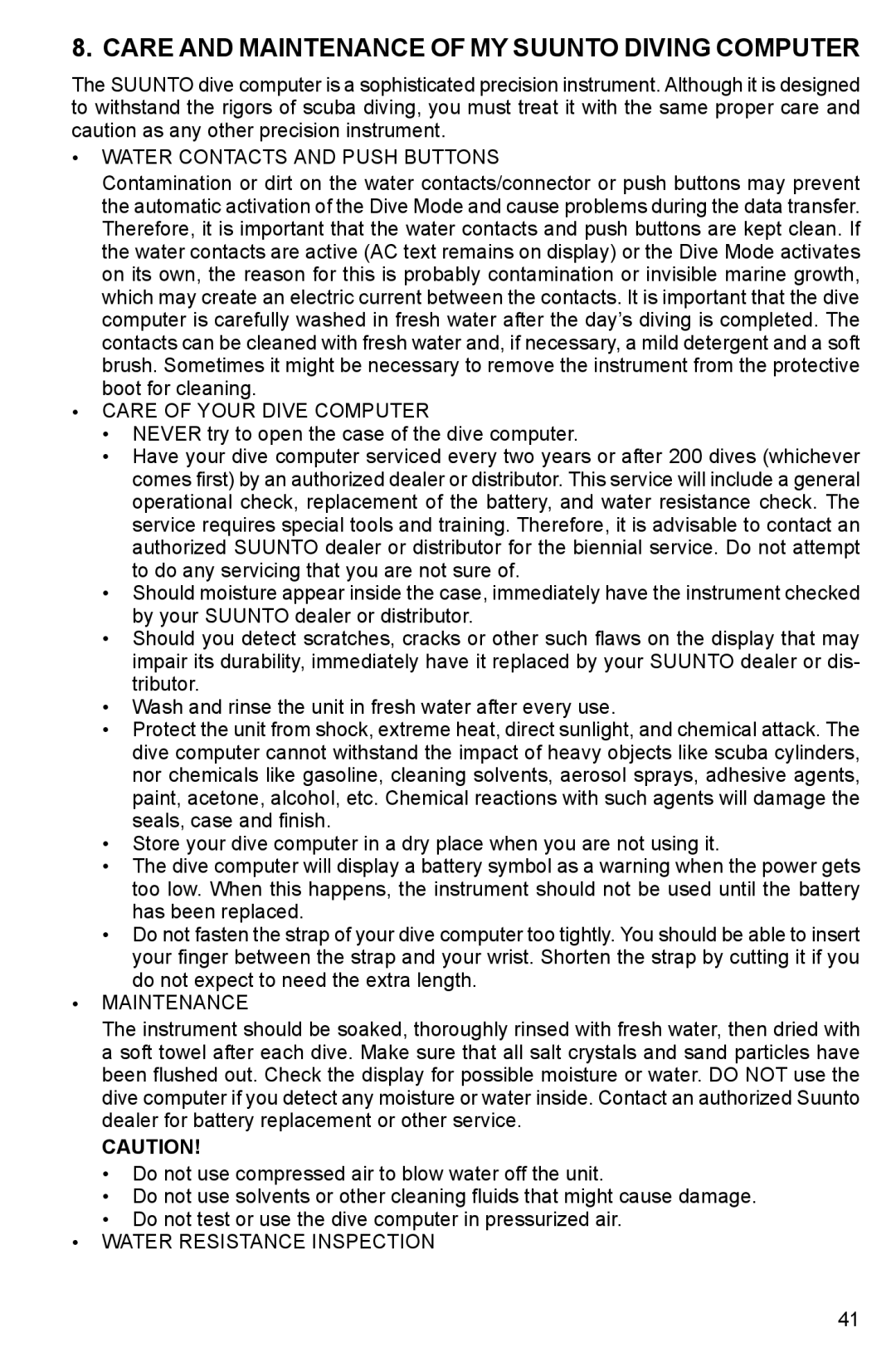 Suunto HELO2 manual Care and Maintenance of MY Suunto Diving Computer, Water Contacts and Push Buttons 