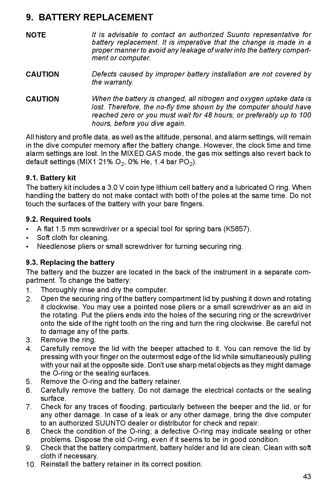 Suunto HELO2 manual Battery Replacement, Battery kit, Required tools, Replacing the battery 