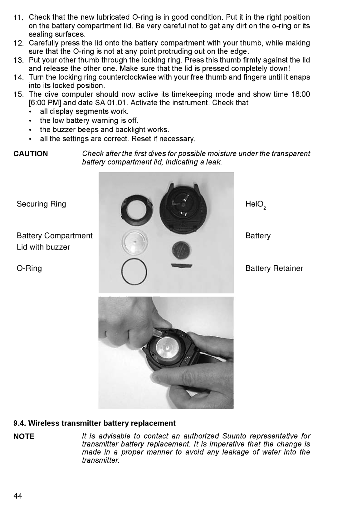 Suunto HELO2 manual Battery compartment lid, indicating a leak, Wireless transmitter battery replacement, Transmitter 