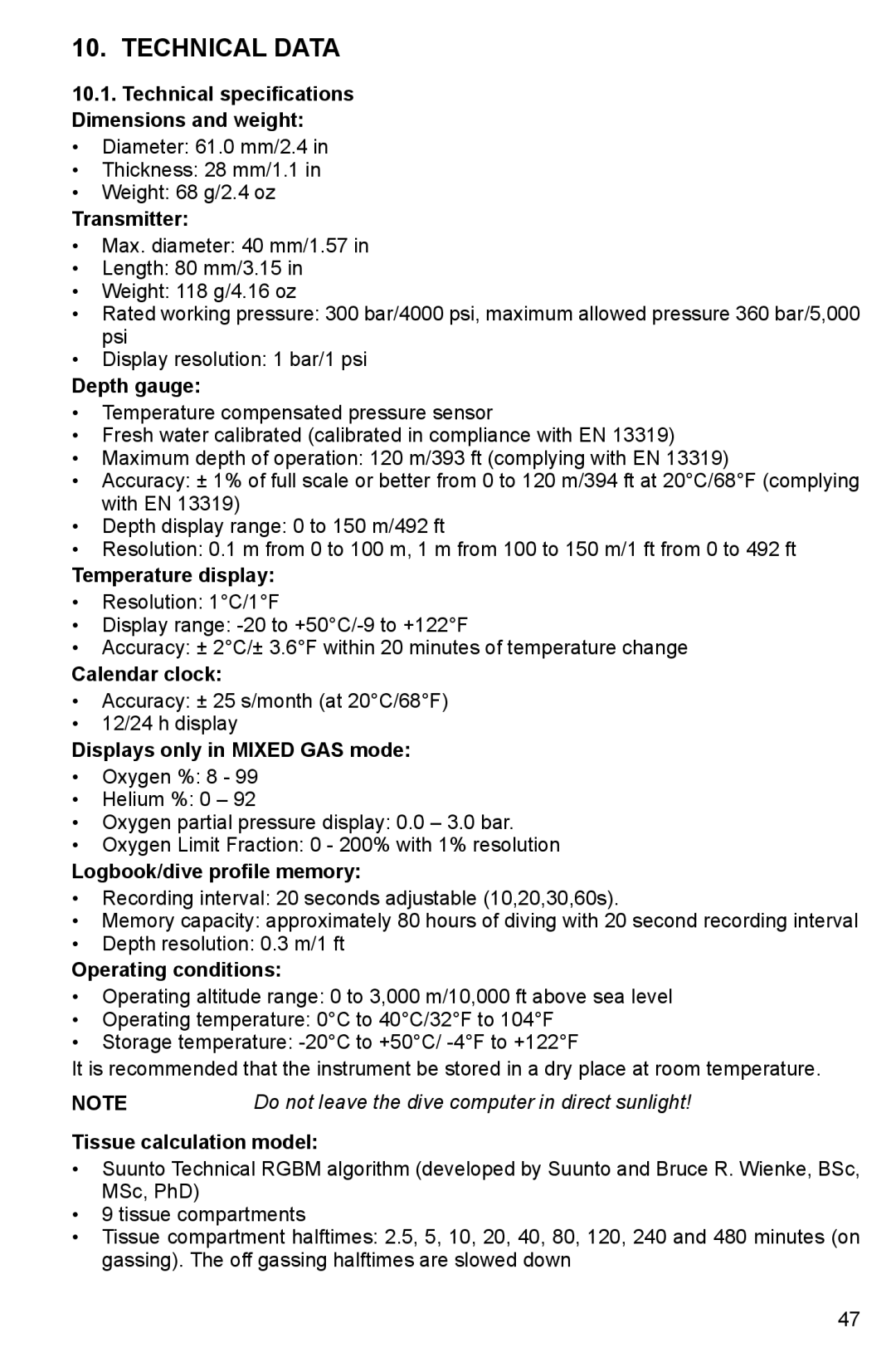 Suunto HELO2 manual Technical Data 