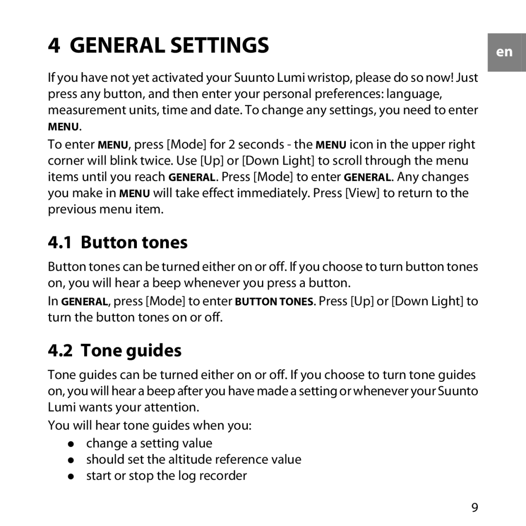 Suunto LUMI manual General Settings, Button tones, Tone guides 