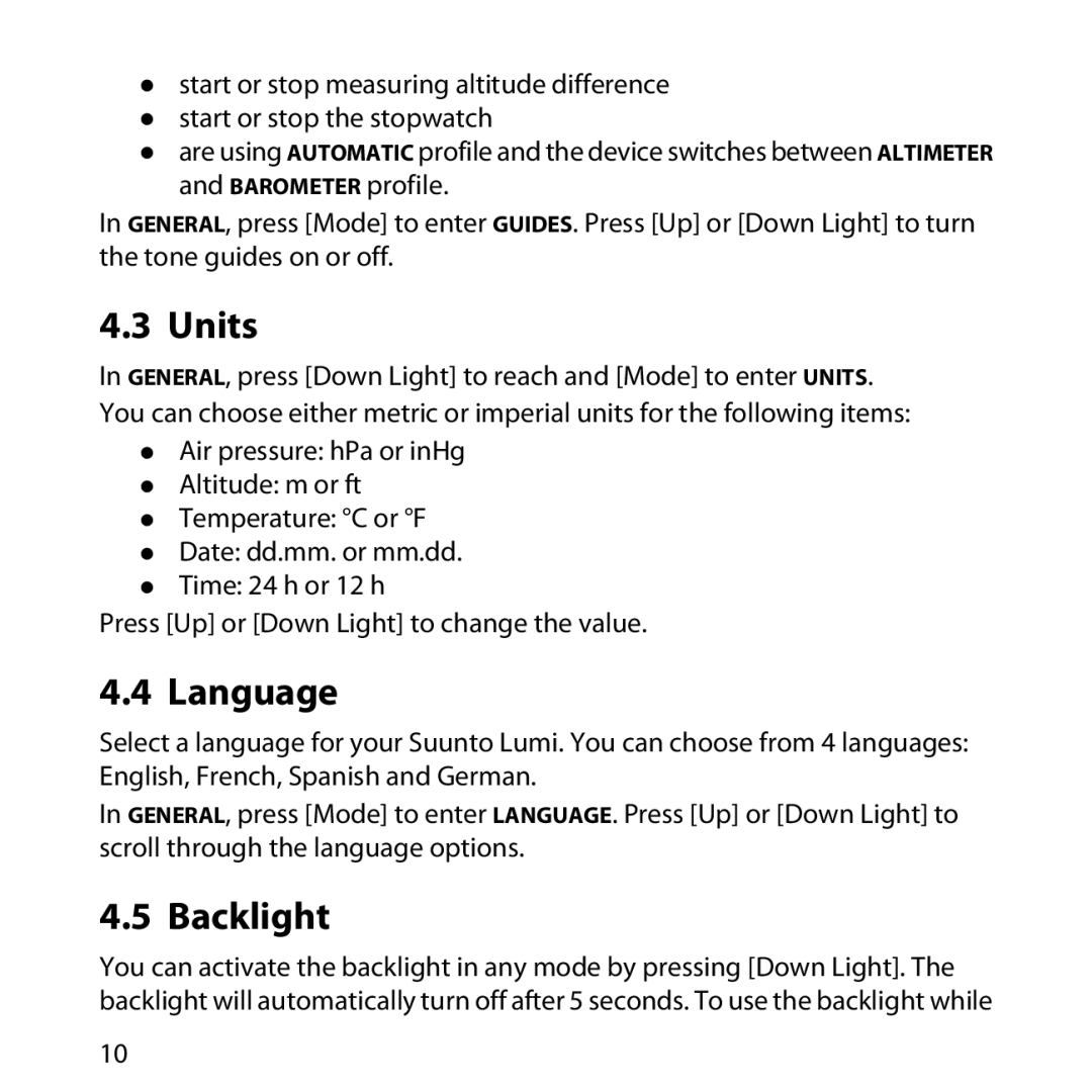 Suunto LUMI manual Units, Language, Backlight 