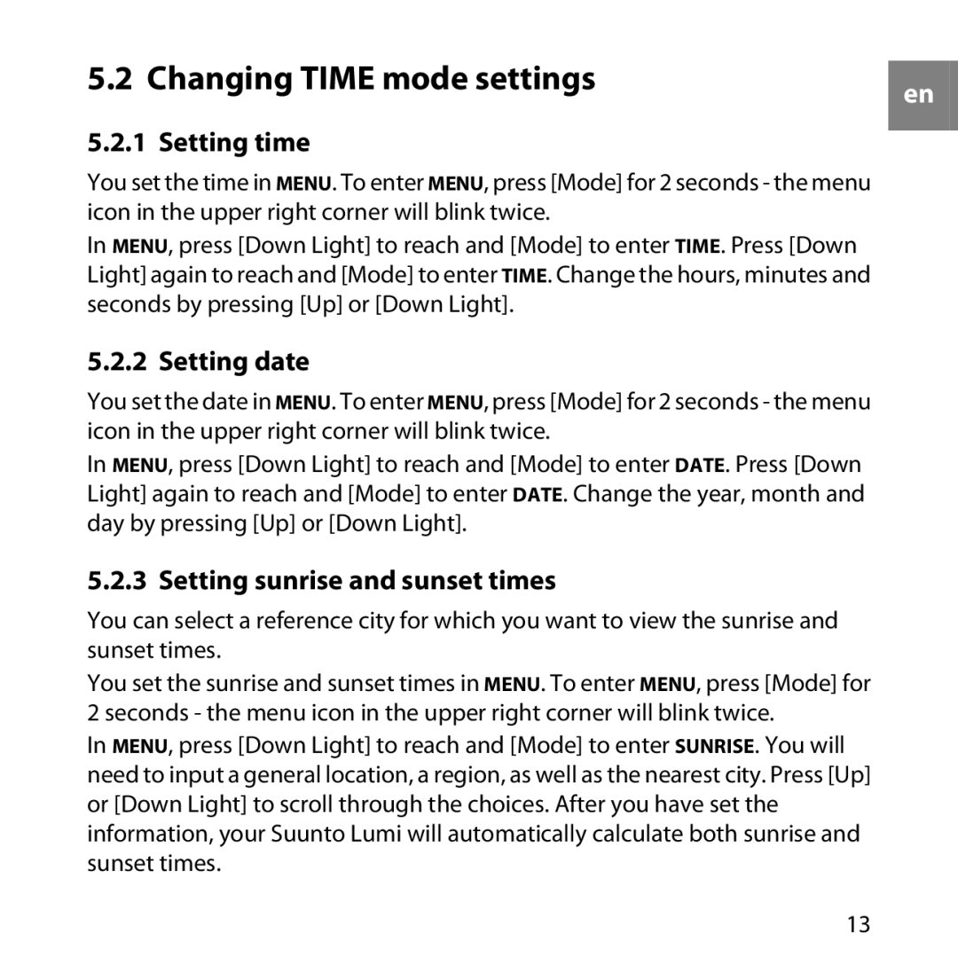 Suunto LUMI manual Setting date, Setting sunrise and sunset times 