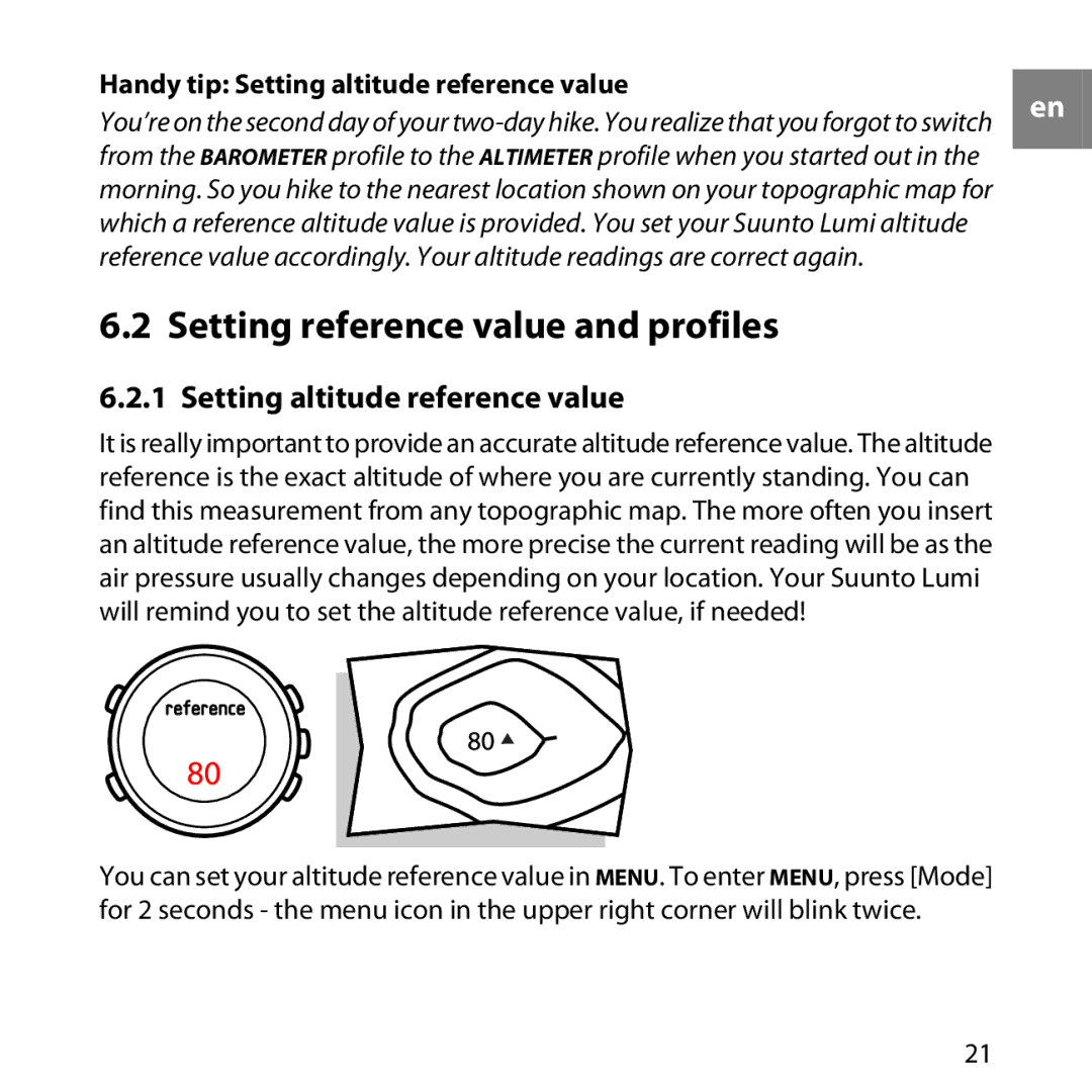 Suunto LUMI manual Setting reference value and profiles, Setting altitude reference value 