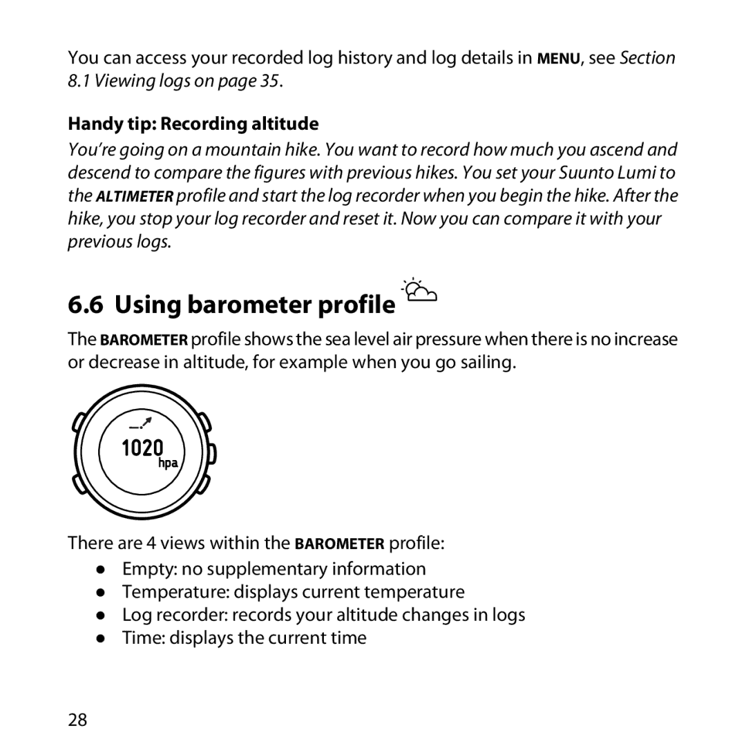 Suunto LUMI manual Using barometer profile, Handy tip Recording altitude 