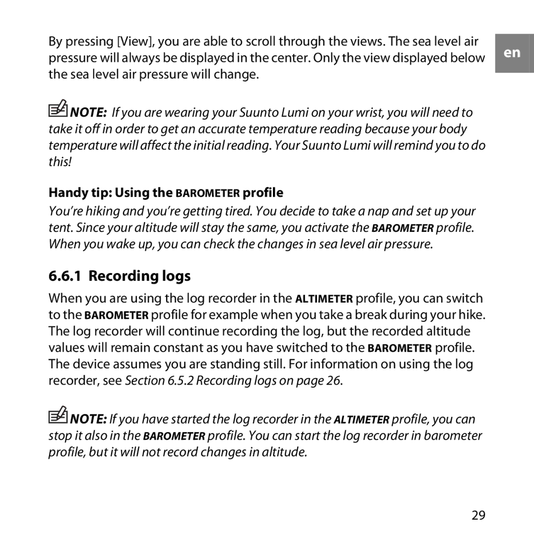 Suunto LUMI manual Recording logs, Handy tip Using the Barometer profile 