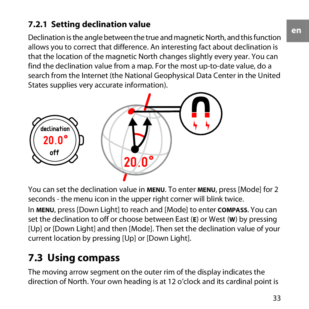 Suunto LUMI manual Using compass, Setting declination value 