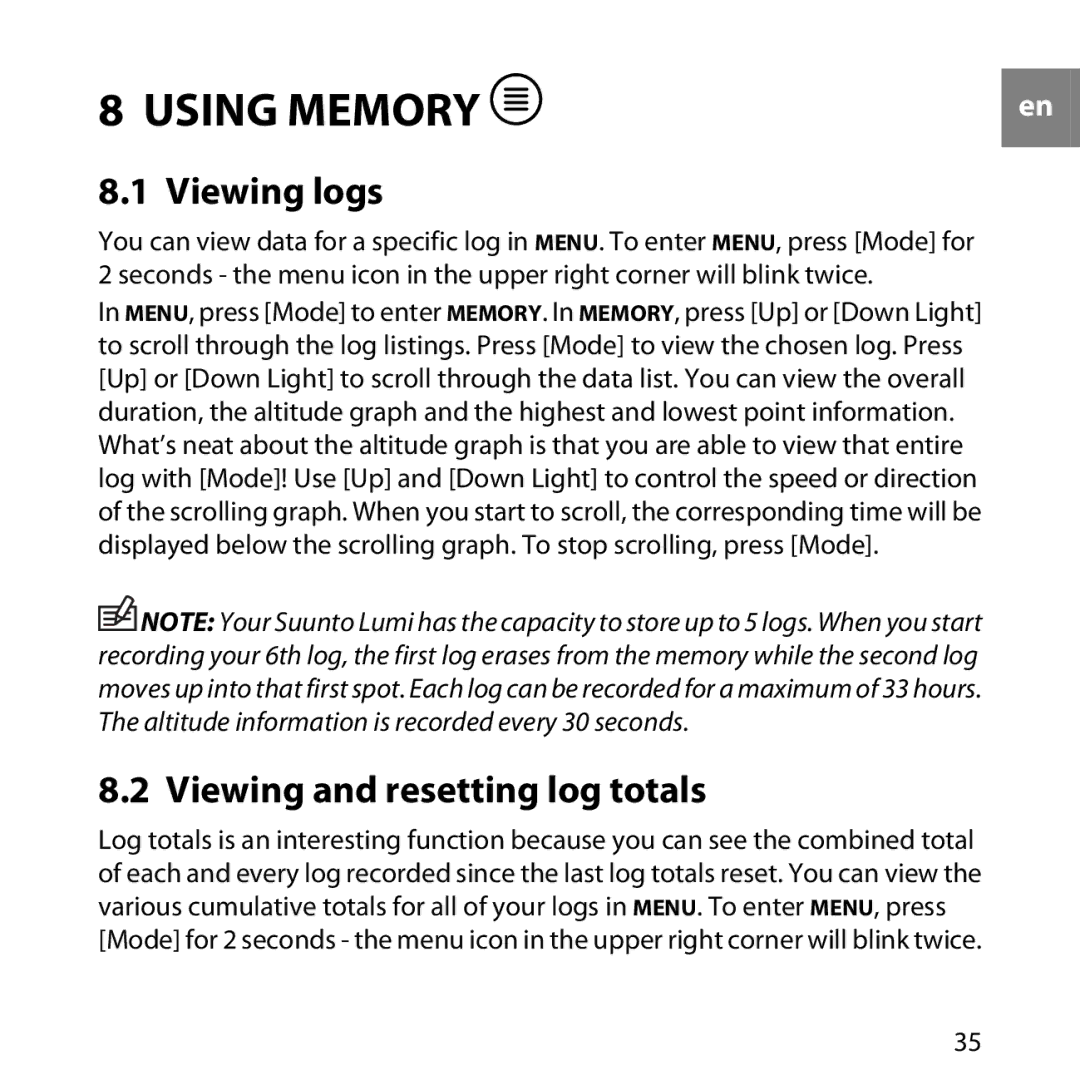 Suunto LUMI manual Viewing logs, Viewing and resetting log totals 